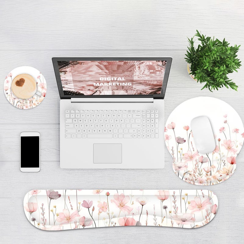 JIGOO Ergonomic Mouse Pad with Wrist Rest and Keyboard Wrist Rest, Mousepad and Wrist Rest for Computer Keyboard, Non-Slip Rubber Base, Mouse Pad Wrist Support for Gaming, Office, Pink Watercolor Flower - Image 5